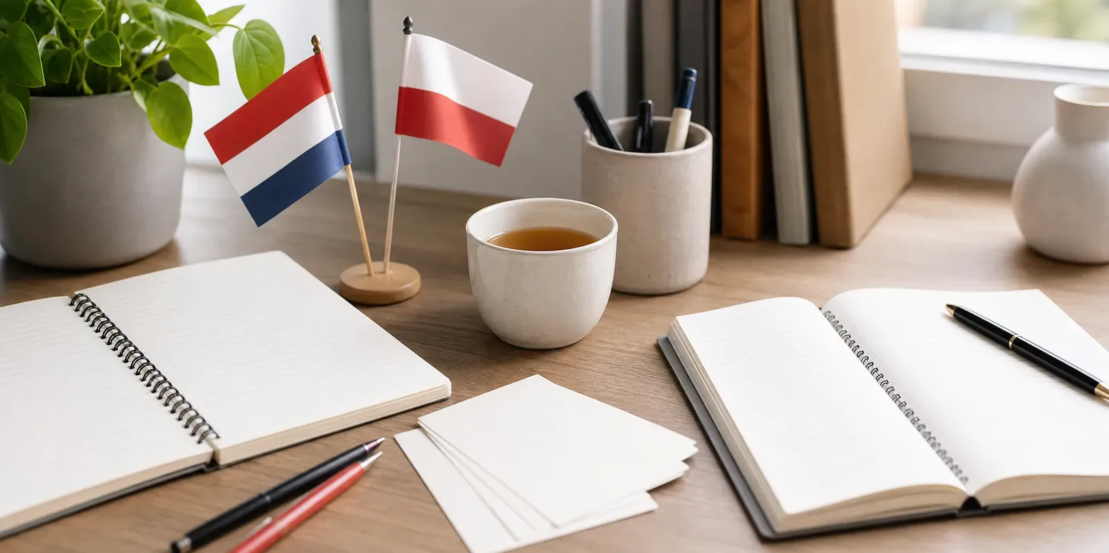 Dokumenty pracy i nauka niderlandzkiego przy biurku